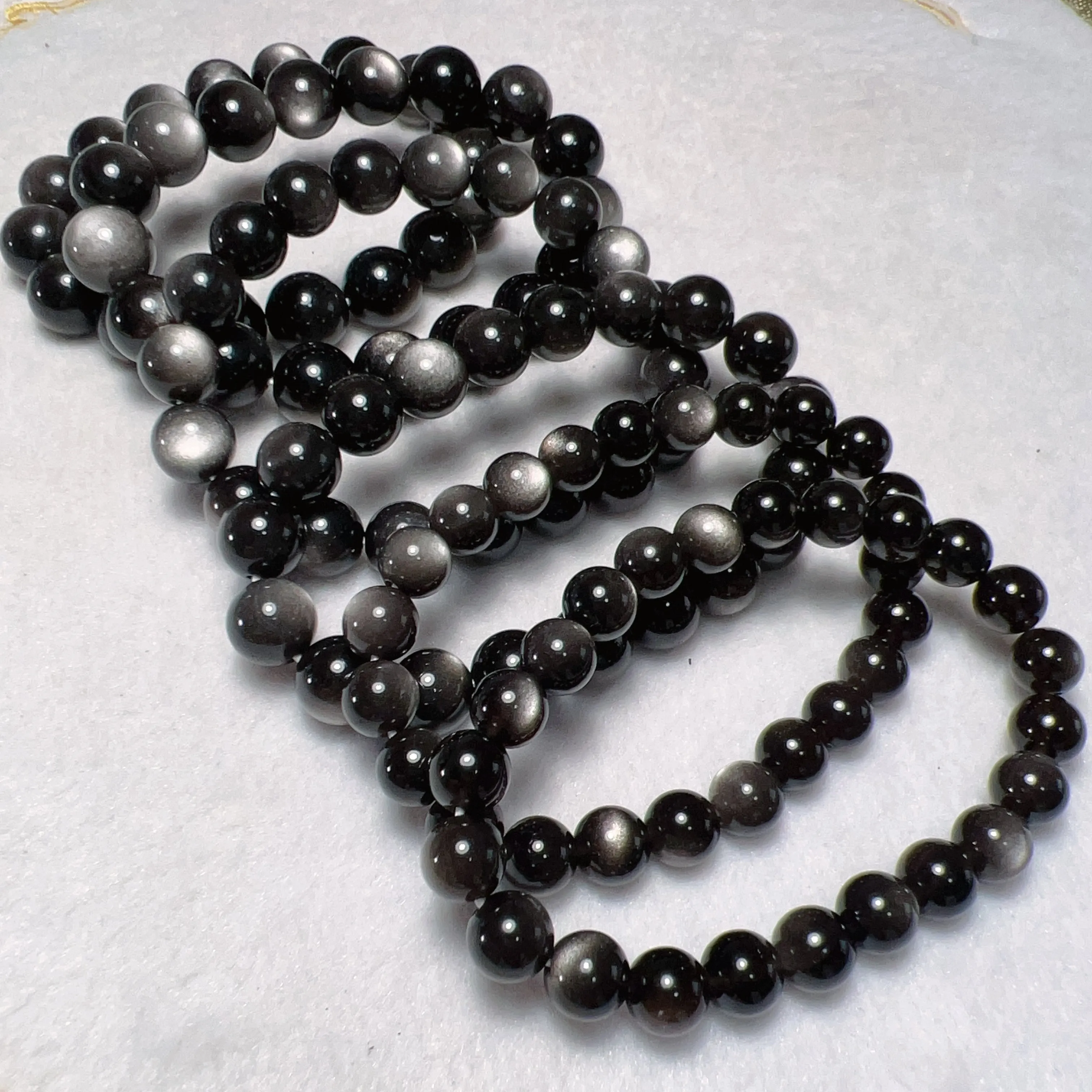 8mm 10mm 12mm Natural Top-Quality Silver Sheen Obsidian Bracelets for DIY Jewelry Projects