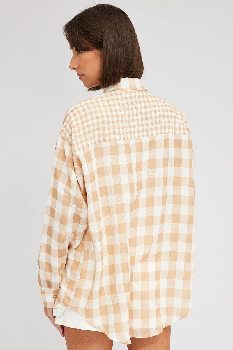 Beige Check Shirt Long Sleeve Collared Neck