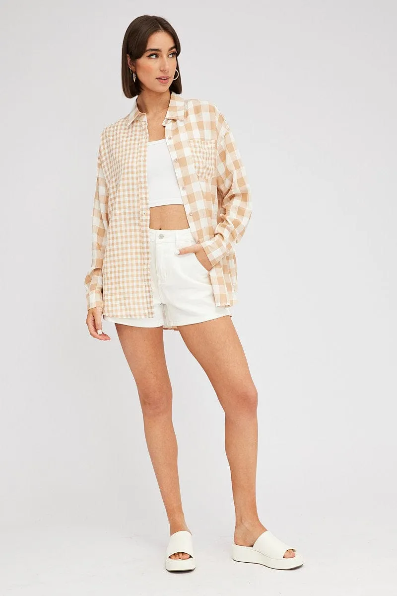 Beige Check Shirt Long Sleeve Collared Neck