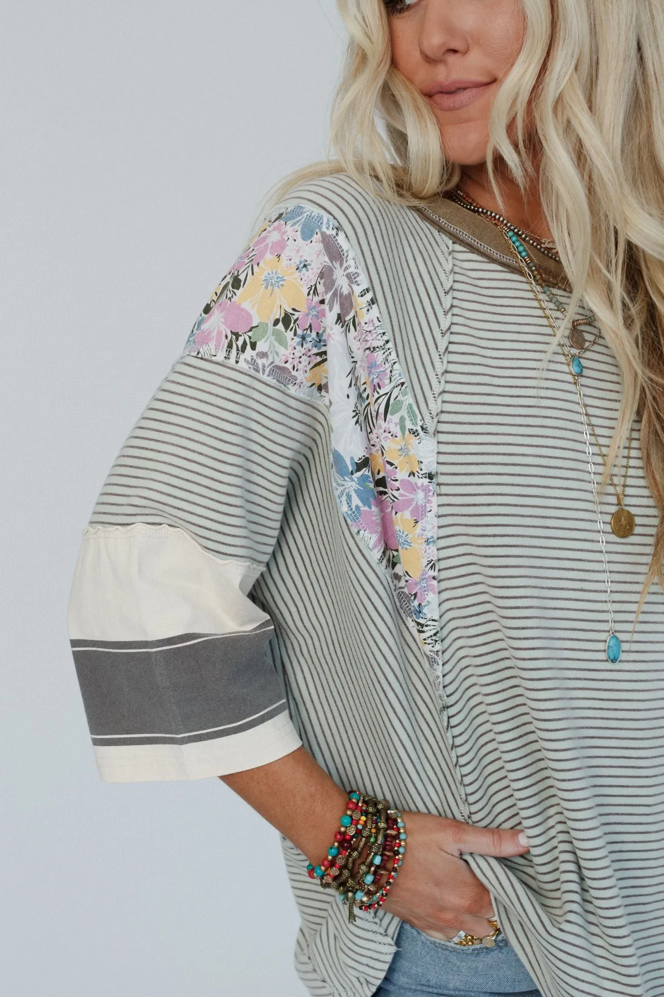 Britt Patchwork Floral Print Top - Mint