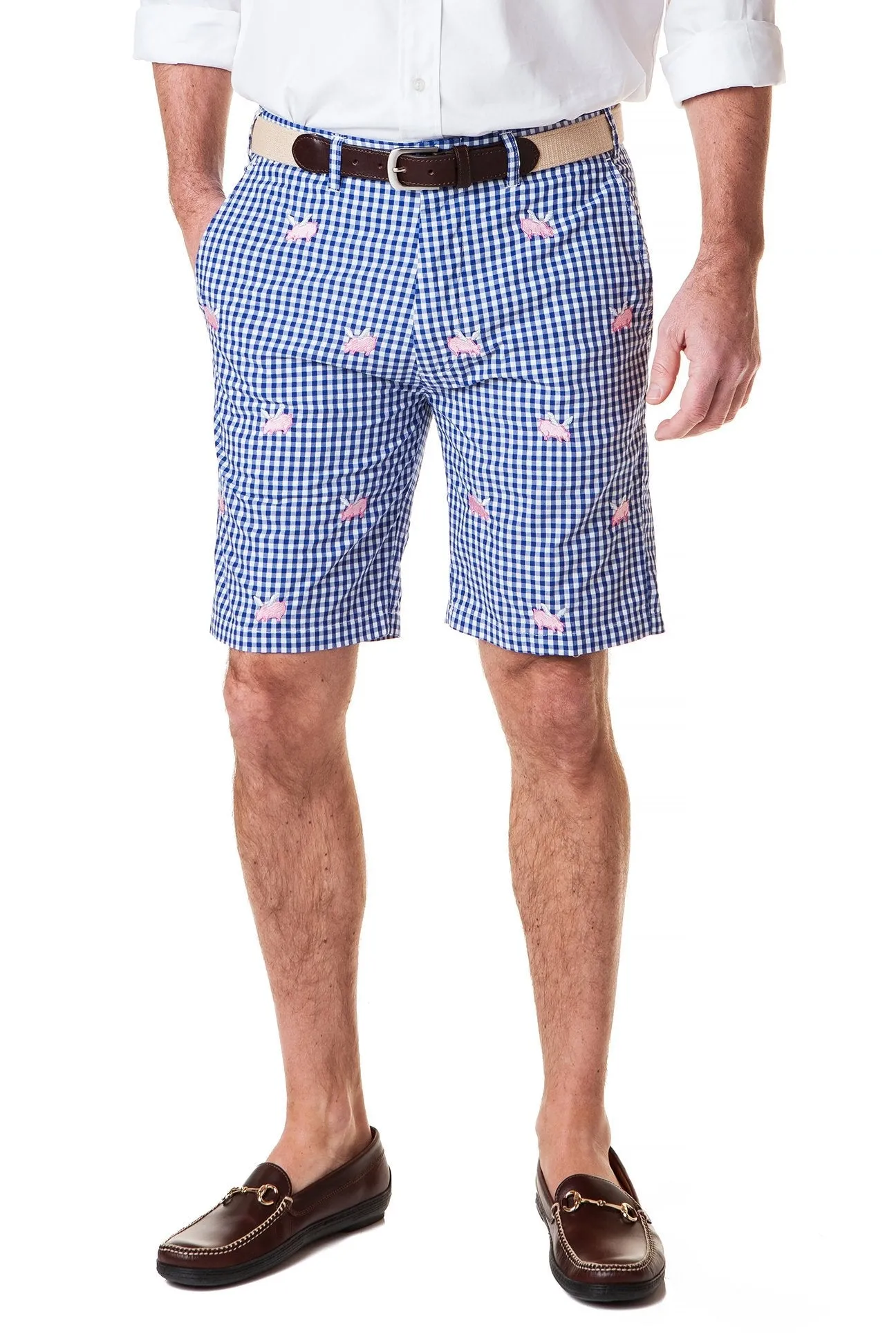 Cisco Short Wide Gingham Royal with Flying Pig