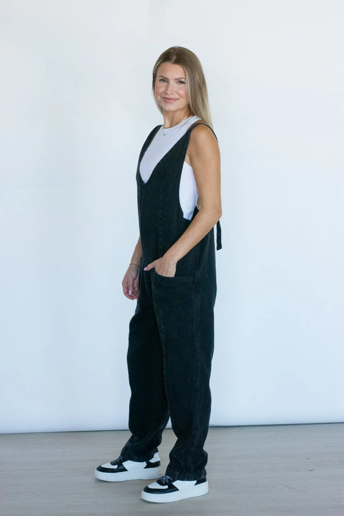 Fall Moments Black Washed Denim Jumpsuit