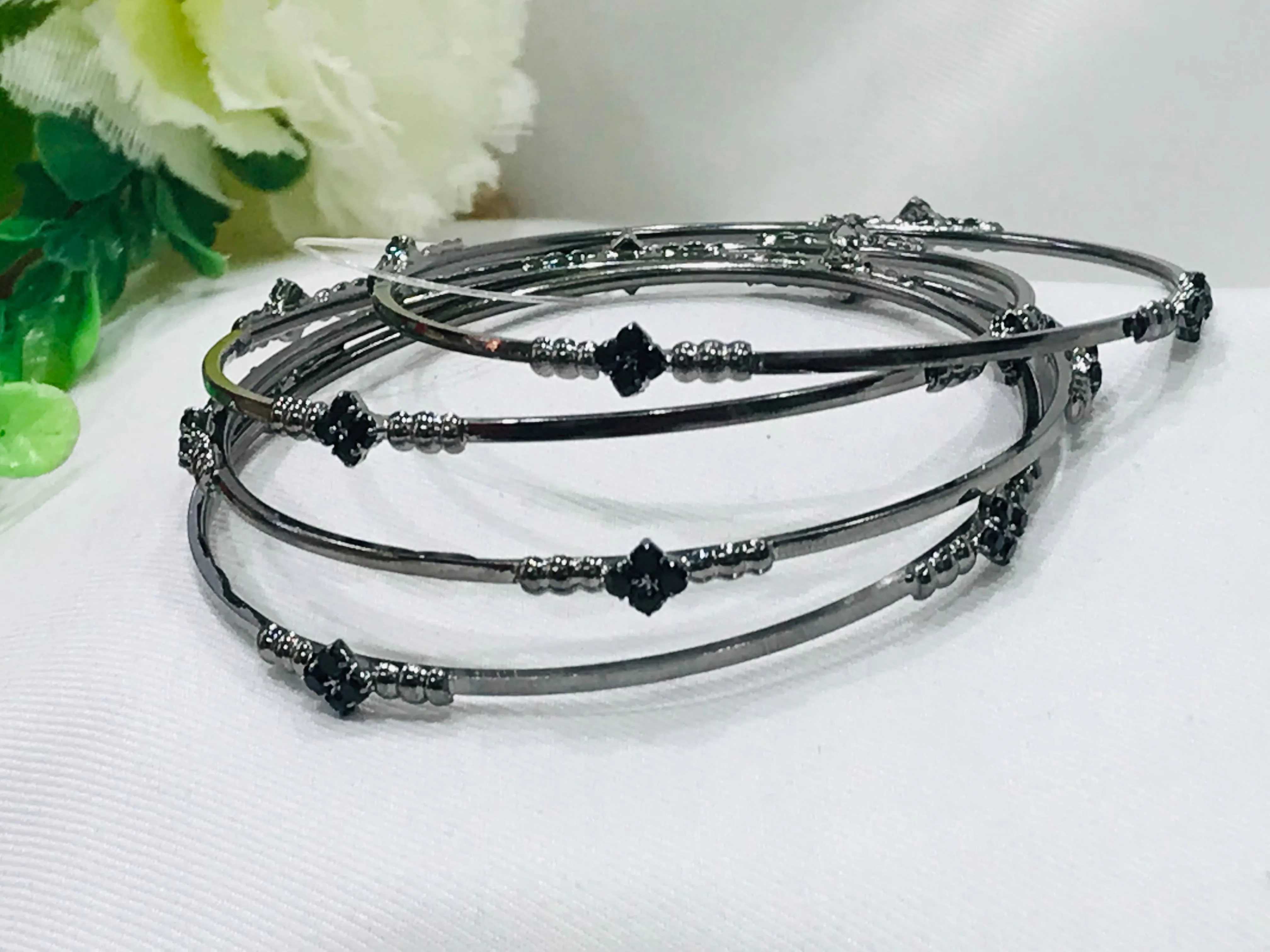 Flawless Floral Design Black Silver Bangles