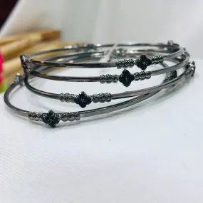 Flawless Floral Design Black Silver Bangles