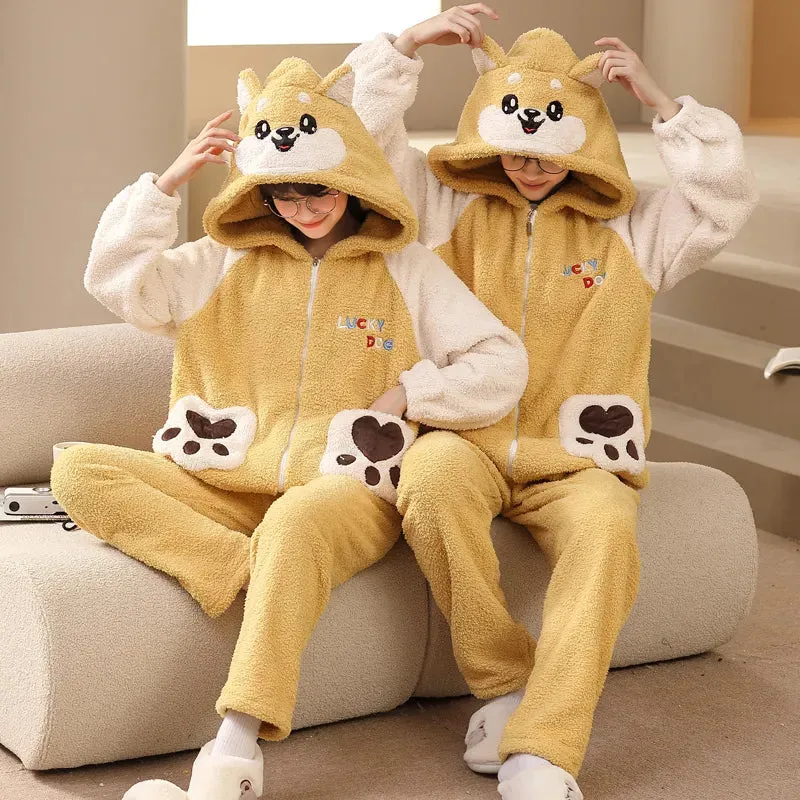 Foesce- Couple Pajamas Sets Warm Thick Flannel Sleepwear Plush Winter Zipper Pajama Sets Cartoon Cat Hoodies Female Male Lovers Pyjamas