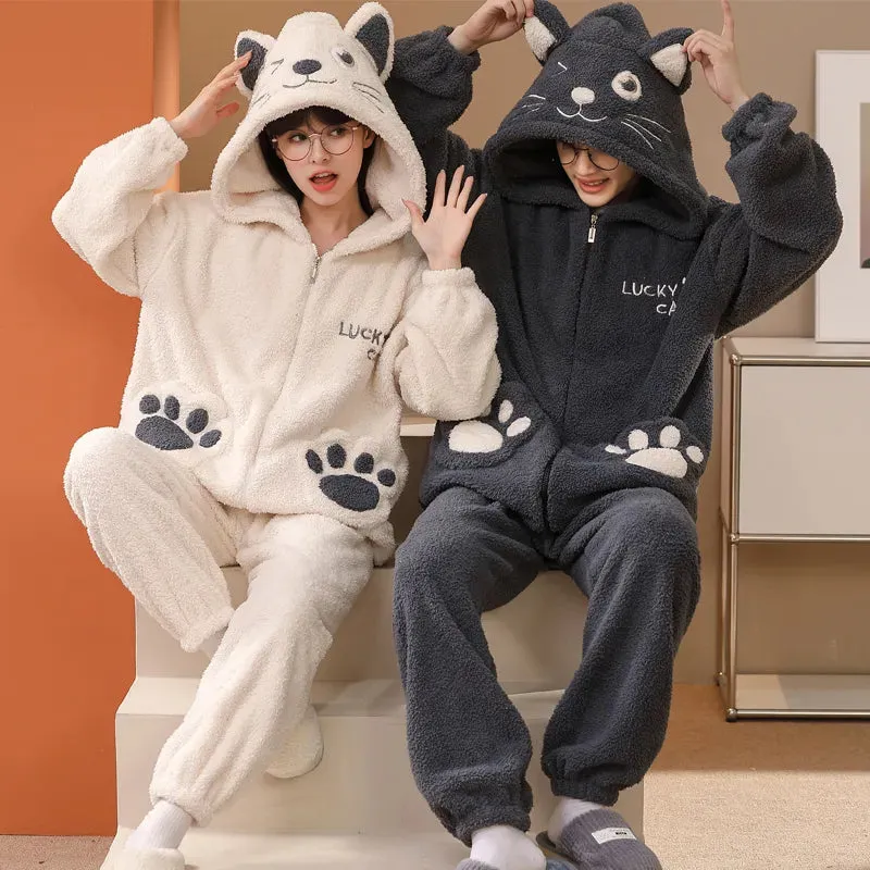 Foesce- Couple Pajamas Sets Warm Thick Flannel Sleepwear Plush Winter Zipper Pajama Sets Cartoon Cat Hoodies Female Male Lovers Pyjamas