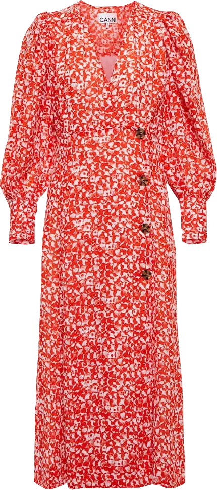 Ganni Orange Balloon-sleeve Floral-print Crepe Midi Dress UK 4