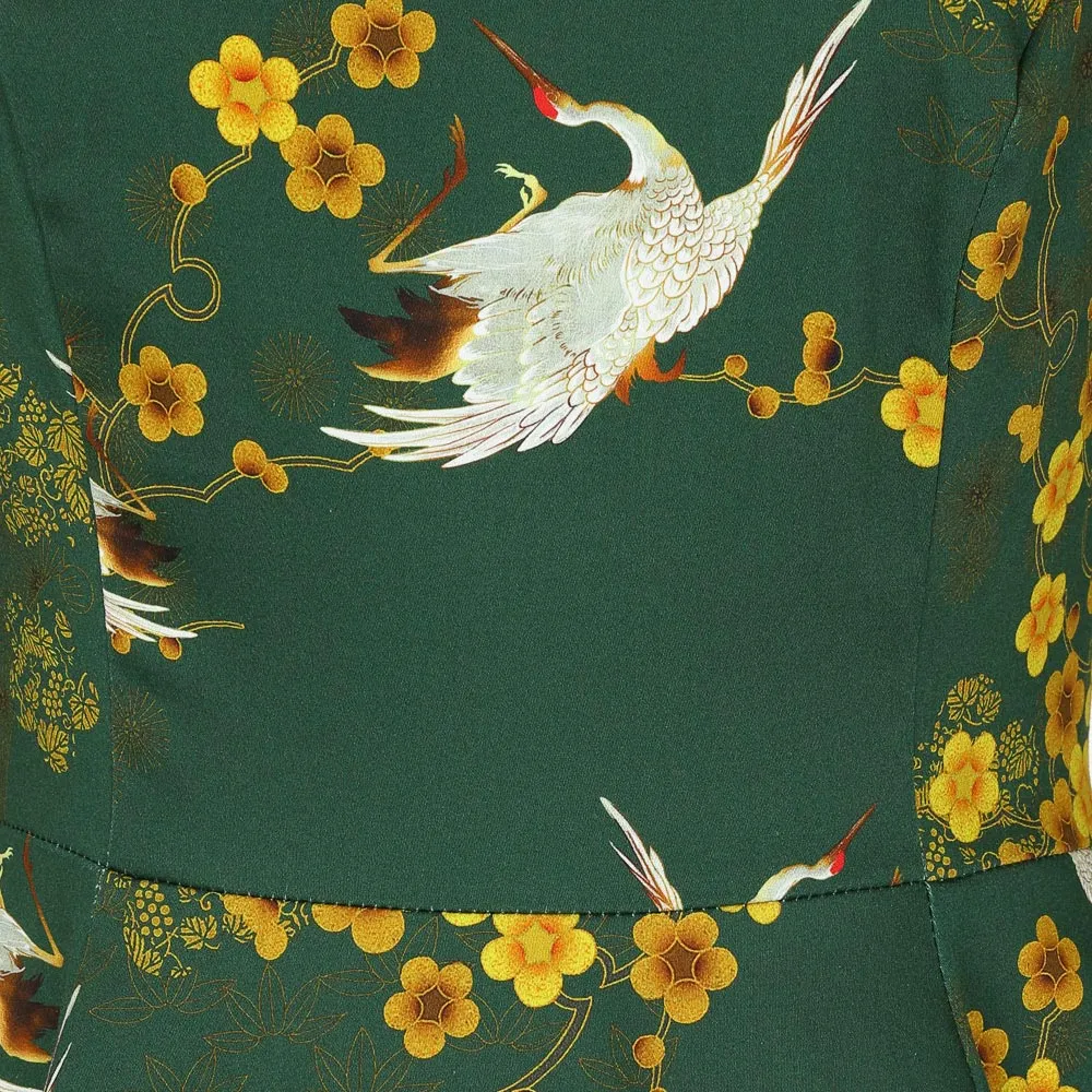 Green Birds & Blossom Print 3/4 Sleeve Vintage Style Swing Tea Dress With Pockets