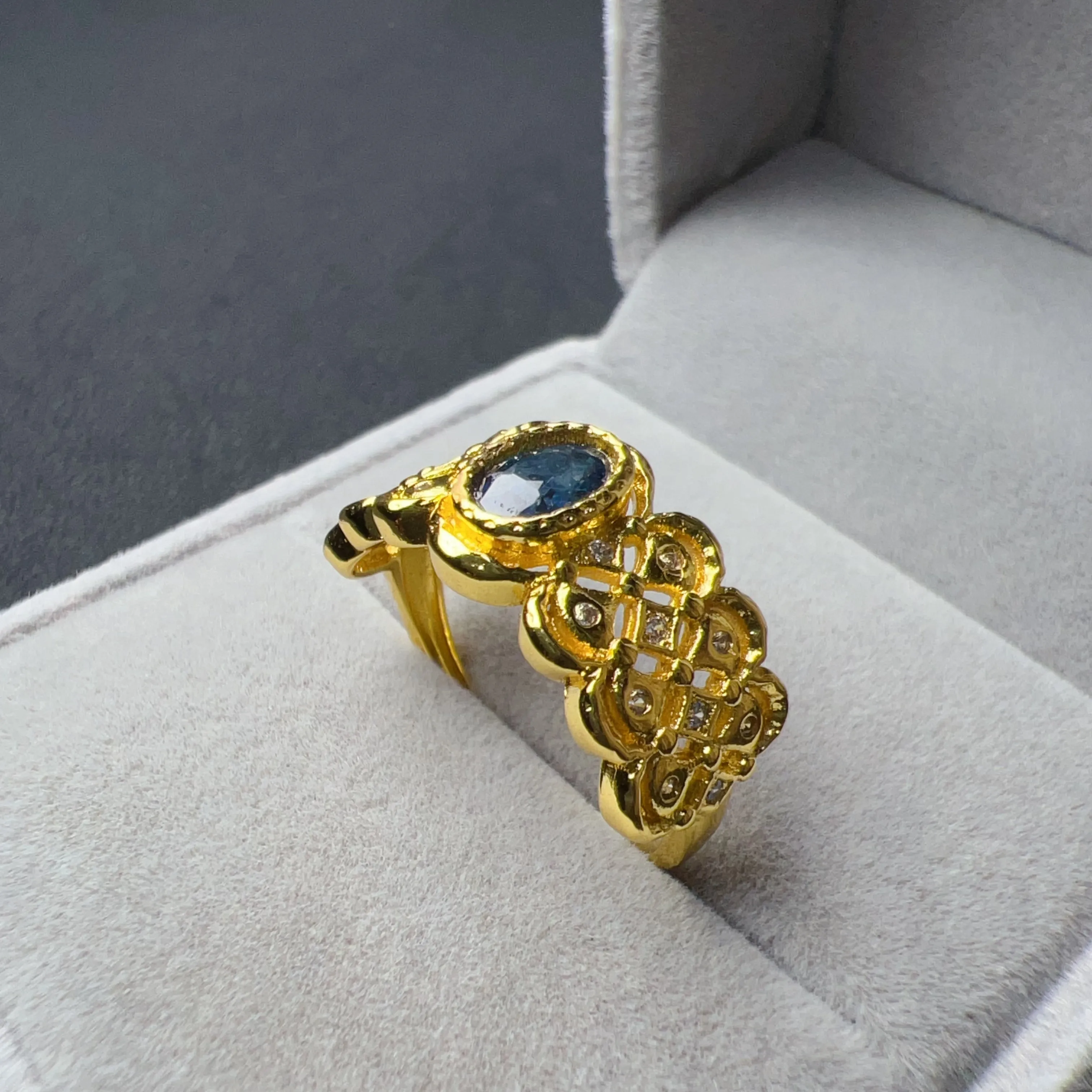 Handmade Natural Blue Sapphire Gemstone Ring with Zirconia and Brass