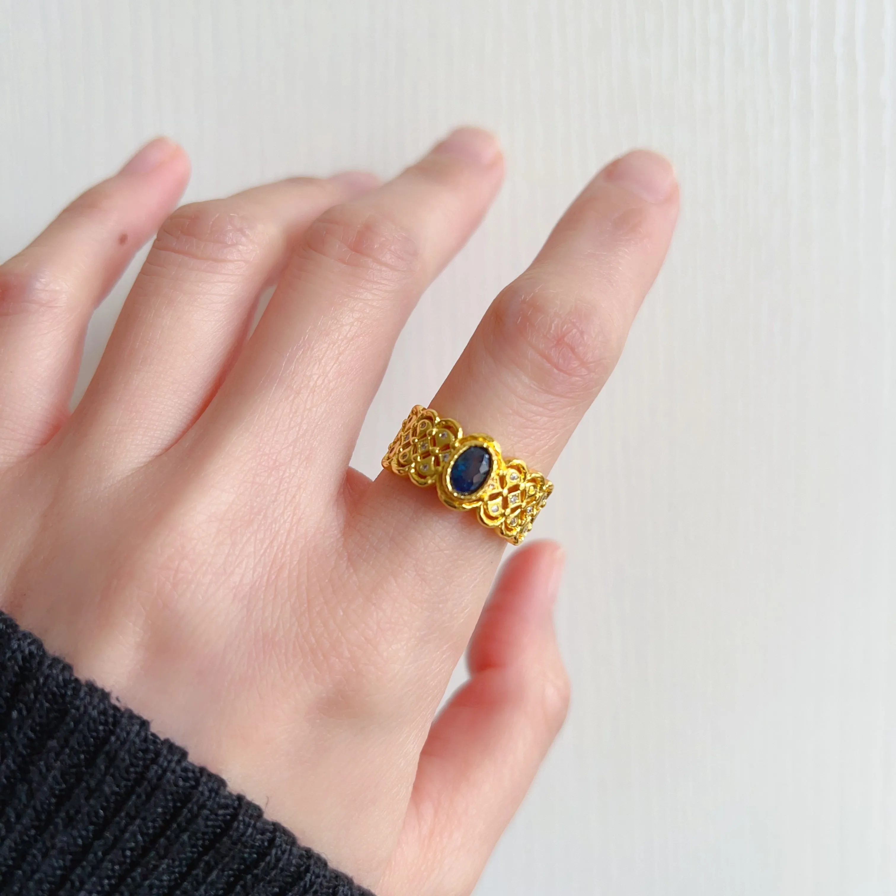 Handmade Natural Blue Sapphire Gemstone Ring with Zirconia and Brass