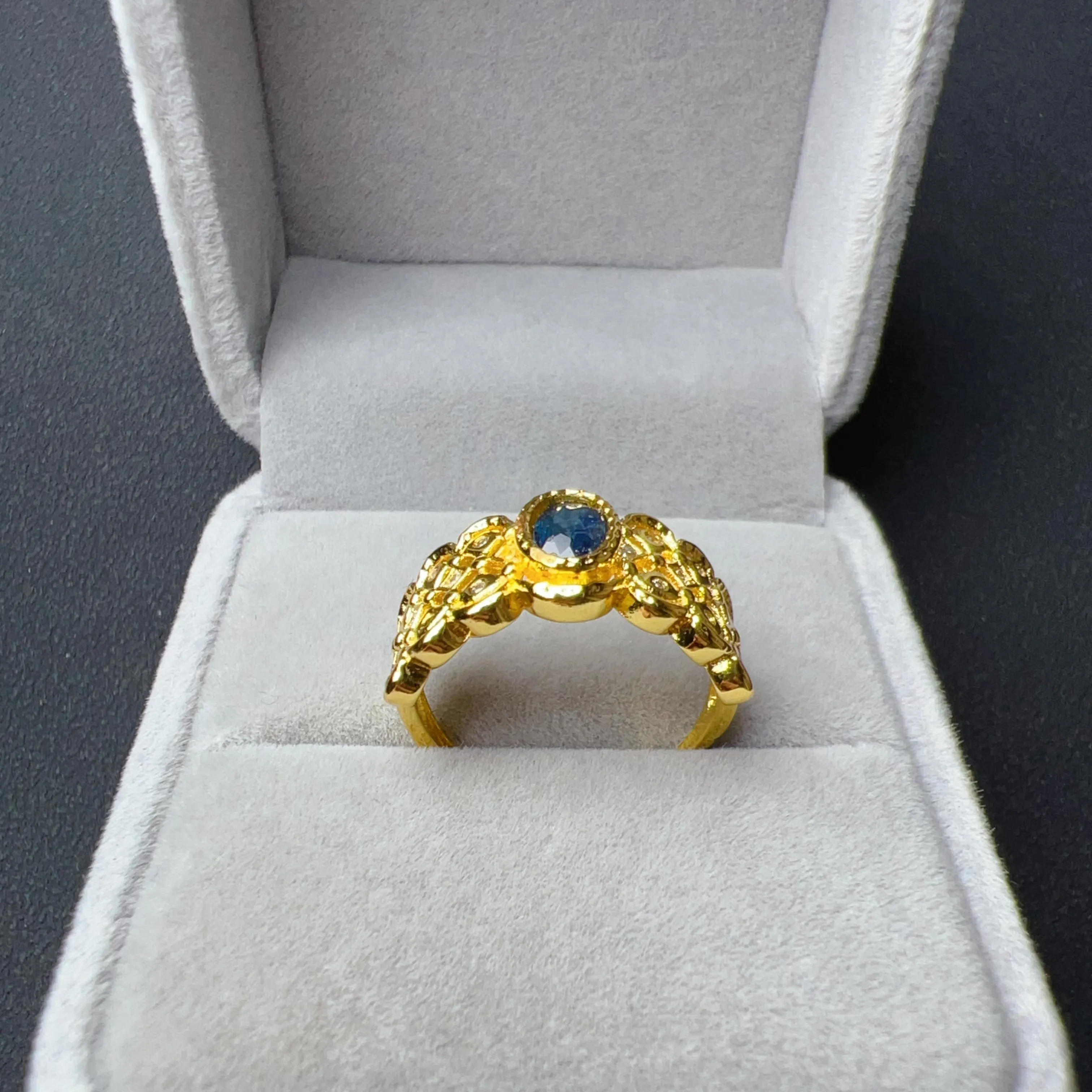 Handmade Natural Blue Sapphire Gemstone Ring with Zirconia and Brass