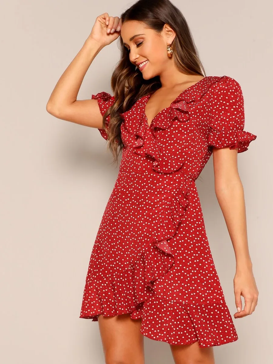 Heart Print Ruffle Wrap Dress