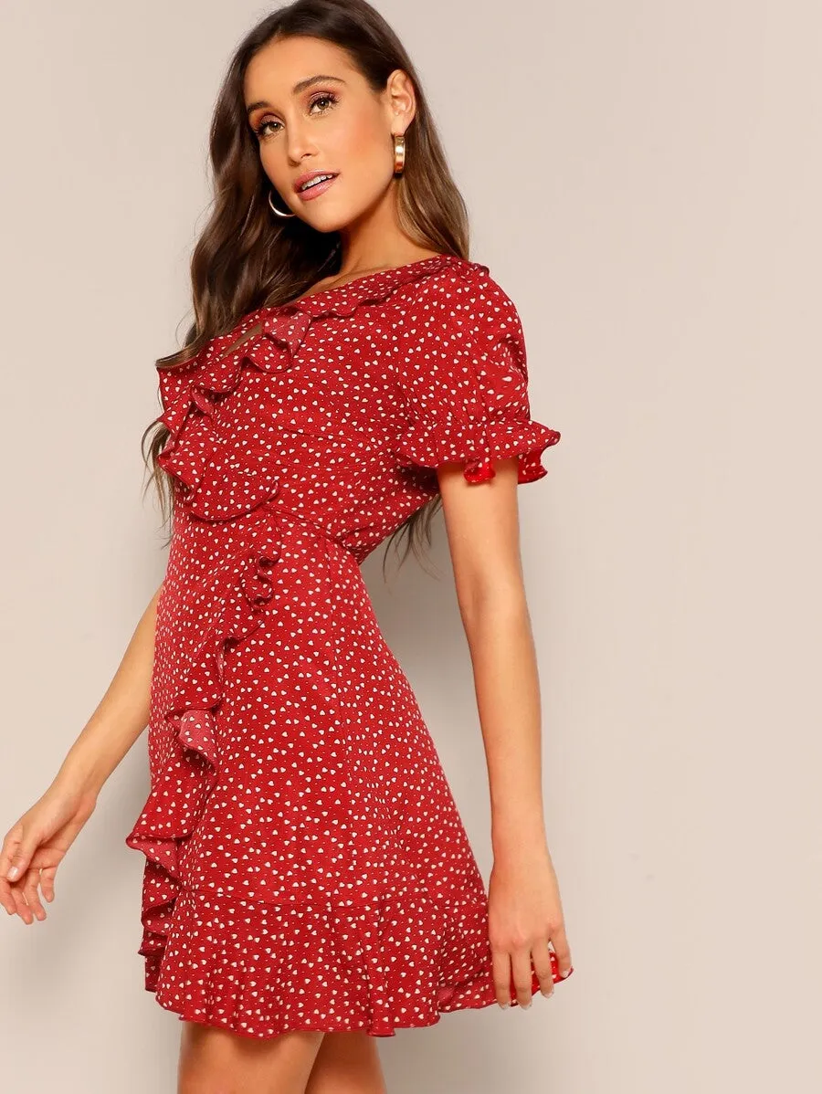 Heart Print Ruffle Wrap Dress