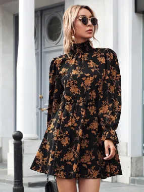 High Neck Flounce Sleeve Floral Dress