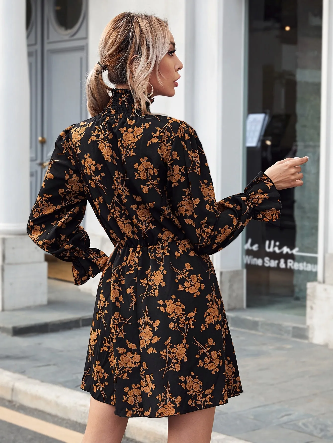 High Neck Flounce Sleeve Floral Dress