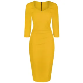 Honey Yellow 3/4 Sleeve Bodycon Pencil  Dress