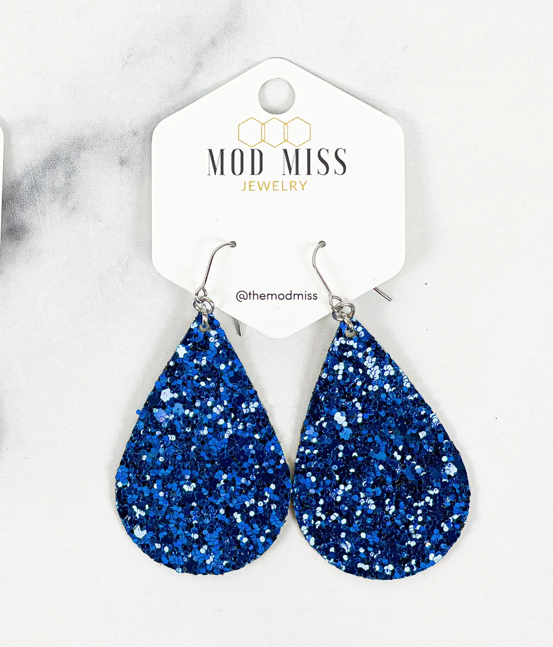 Leather Canvas Teardrop Earring Glitter Royal Blue