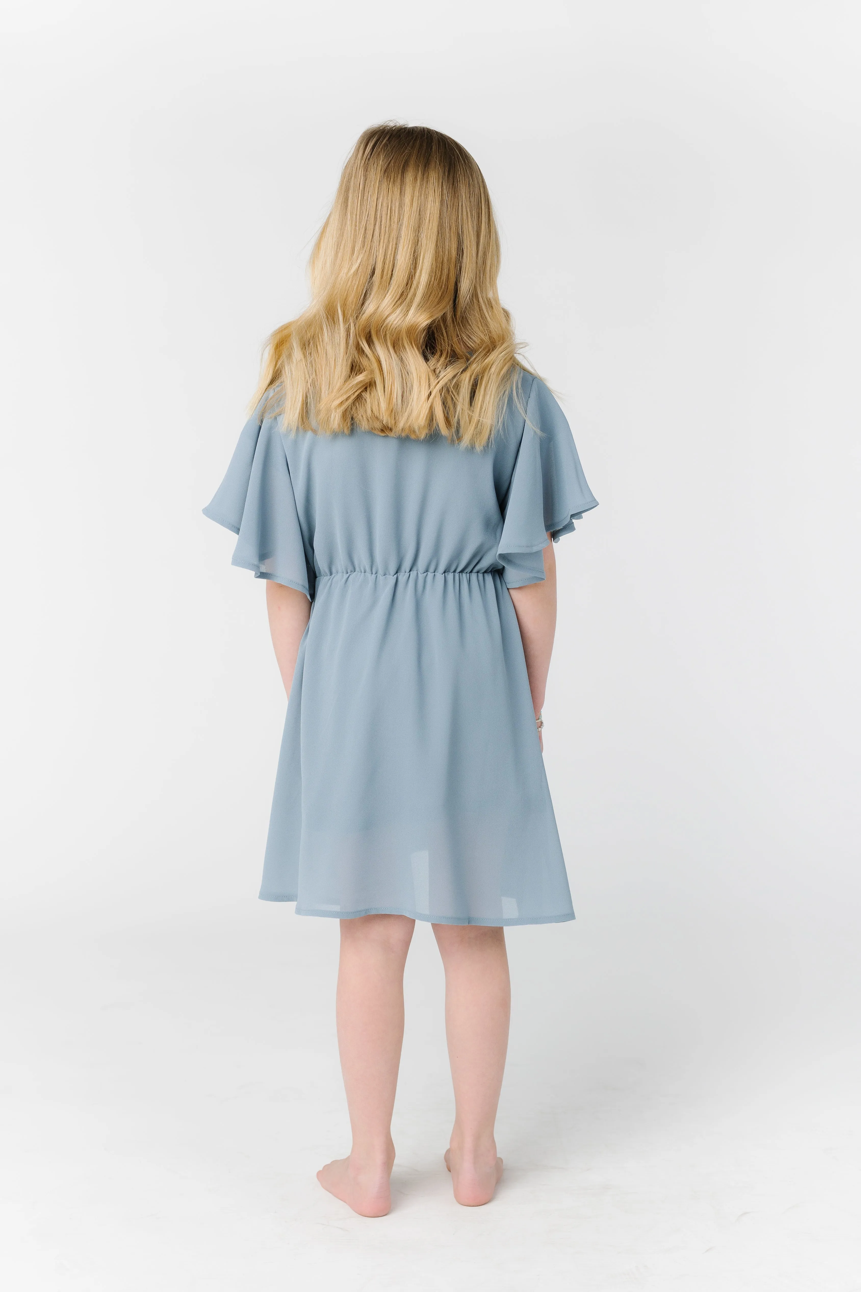 Little Naples Flutter Sleeve Girl's Dress - Dusty Blue