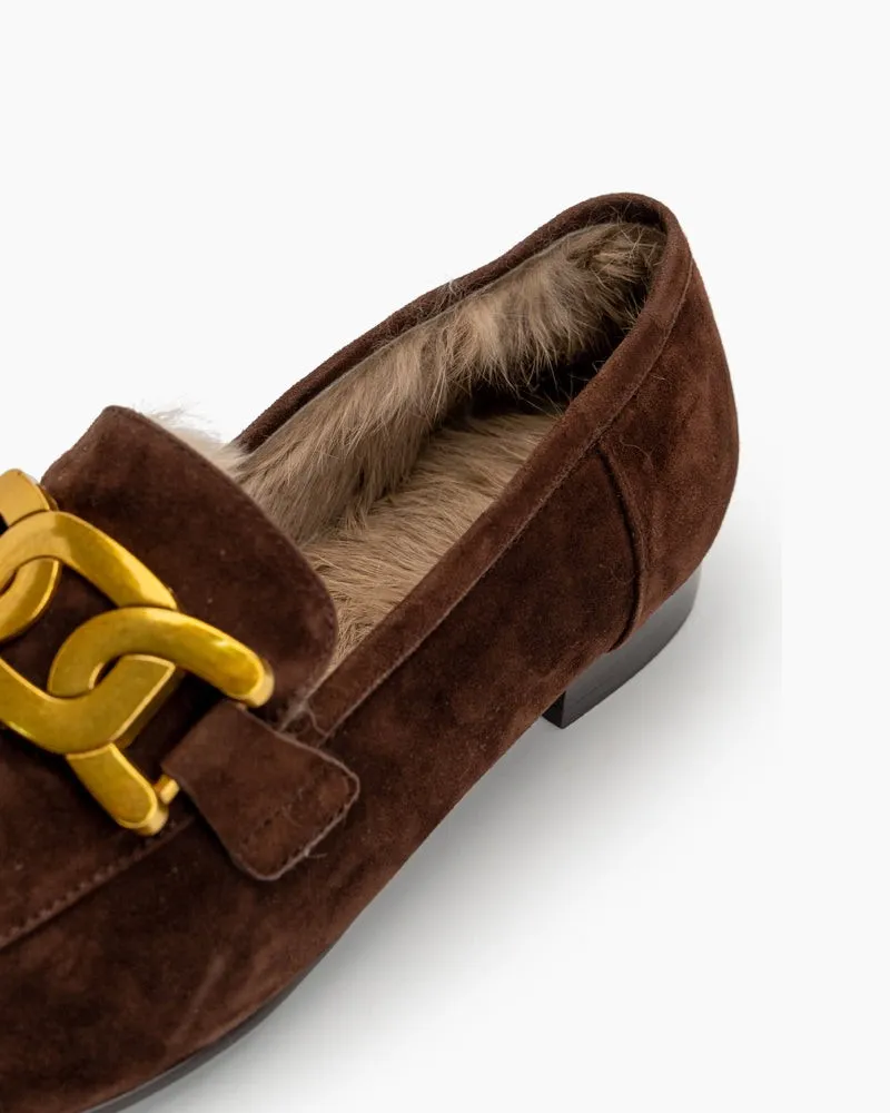 Metal Decor Fluffy Warm Loafers