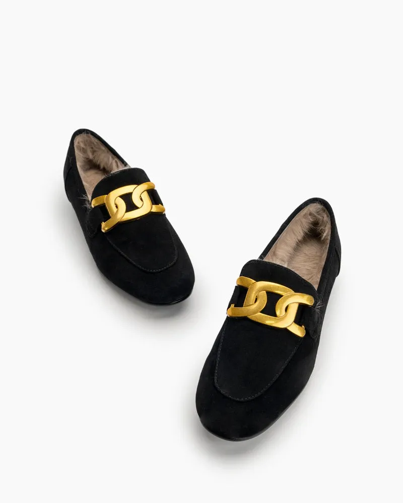 Metal Decor Fluffy Warm Loafers