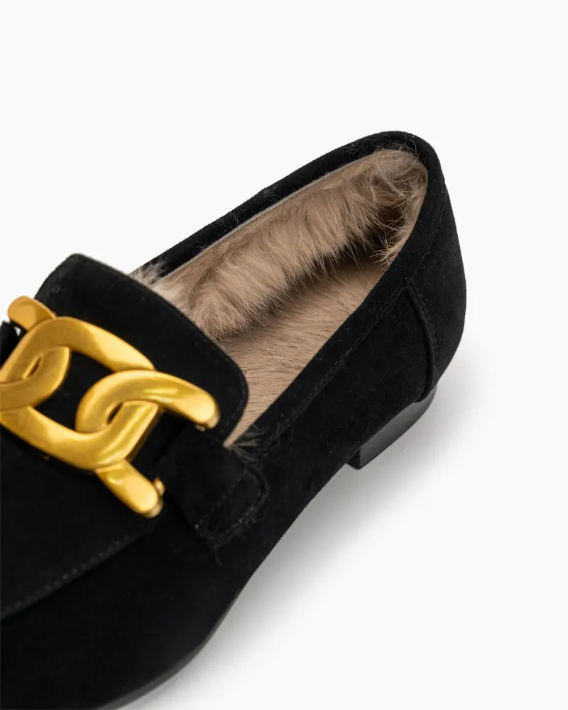 Metal Decor Fluffy Warm Loafers