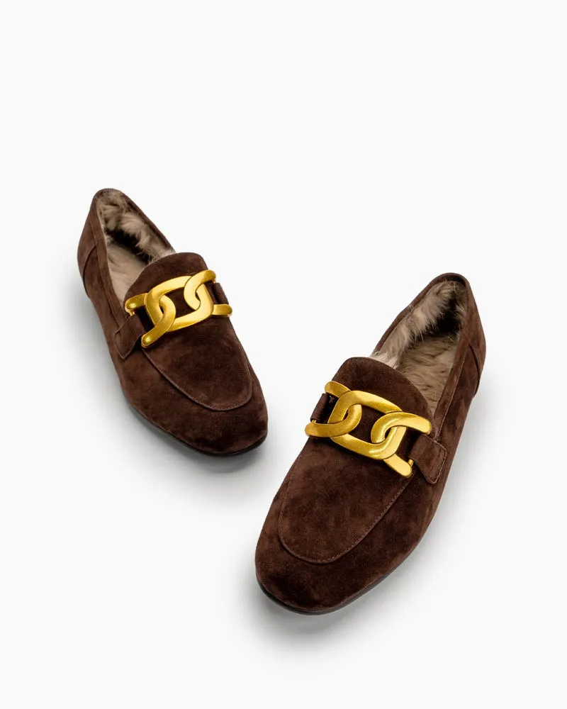 Metal Decor Fluffy Warm Loafers