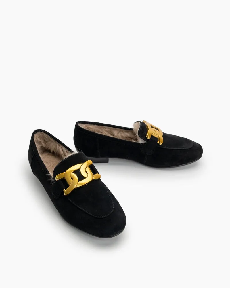 Metal Decor Fluffy Warm Loafers