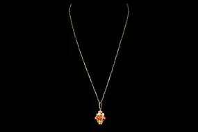 Mid Century Italian Etruscan Revival 18K Yellow Gold Coral & Cultured Pearl Charm Pendant Necklace