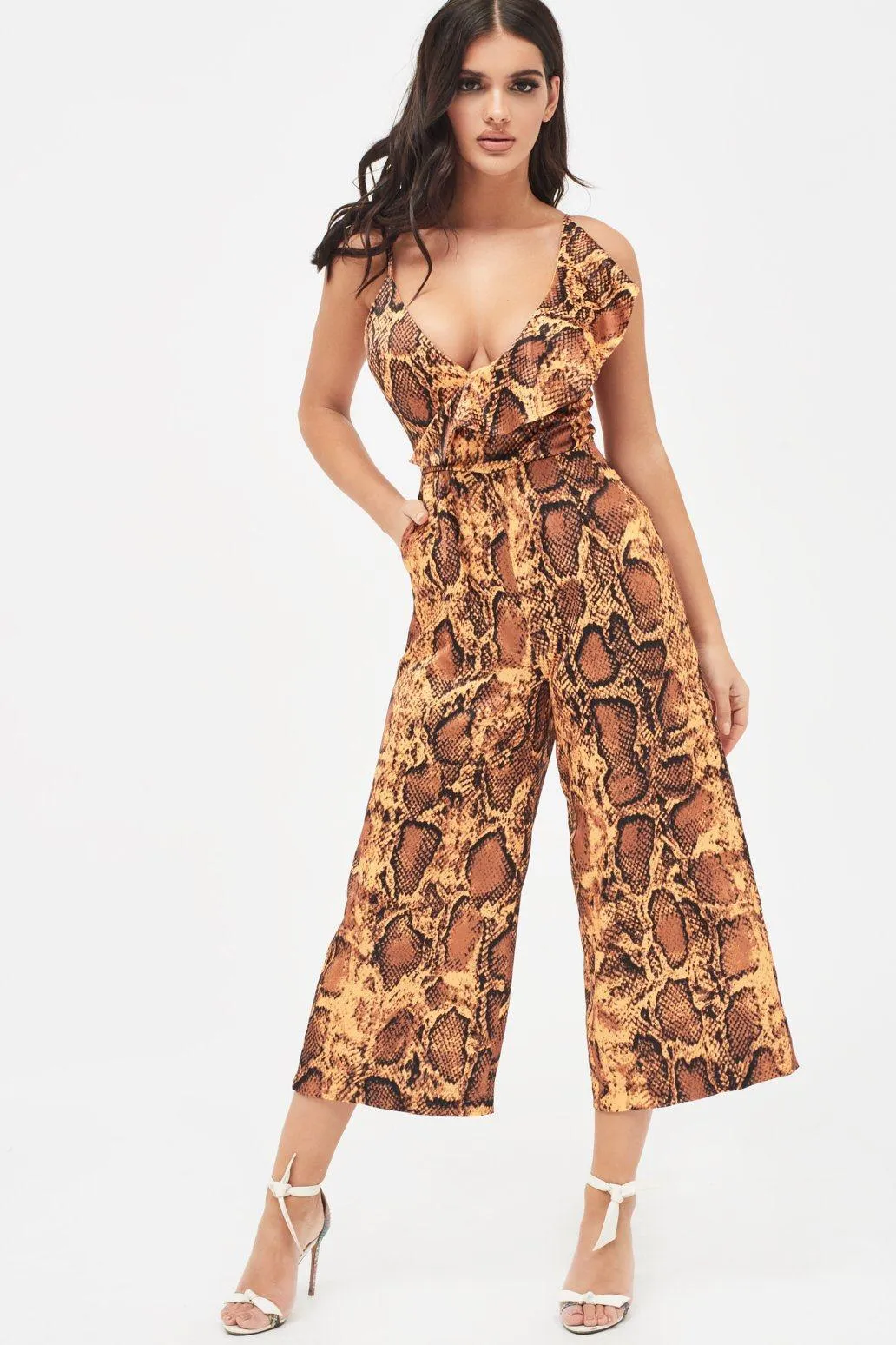 NORA Satin Frill Wrap Culotte Jumpsuit in Golden Yellow Snake Print