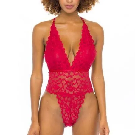 Oh La La Cheri Jeana High Leg Galloon Lace Teddy in Red 52-11156