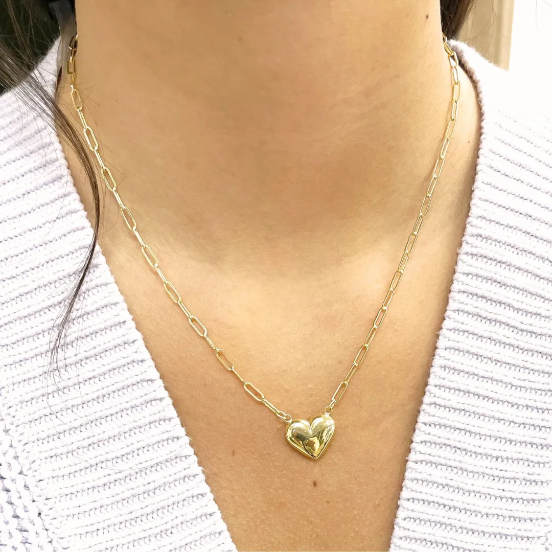 Puffy Gold Paperclip Heart Necklace