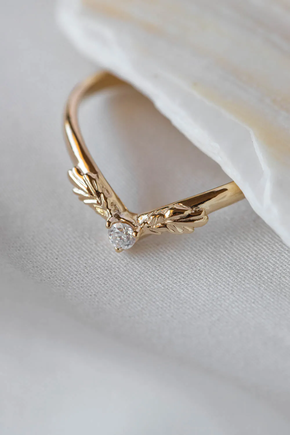 READY TO SHIP: Leaf wedding band in 14K yellow gold, moissanite, RING SIZE 7 US