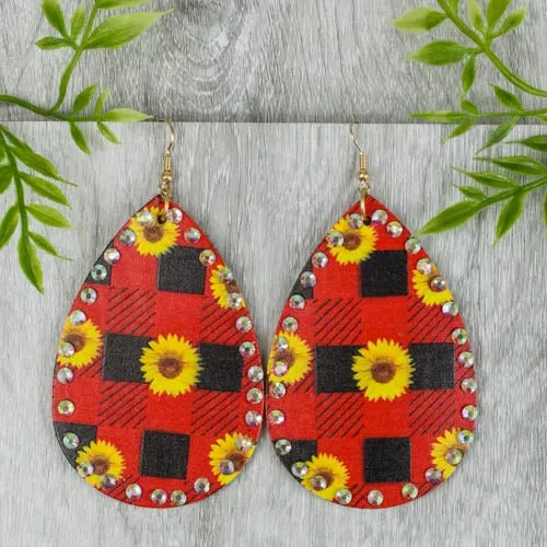 Red Plaid Teardrop earrings with sunflowers