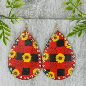 Red Plaid Teardrop earrings with sunflowers