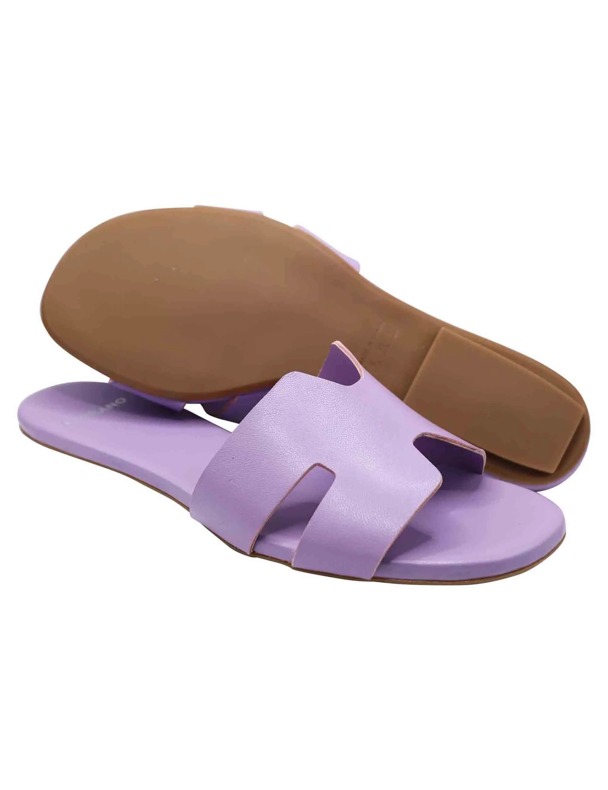 Sandali flat donna in pelle malva con tacco basso e suola in gomma