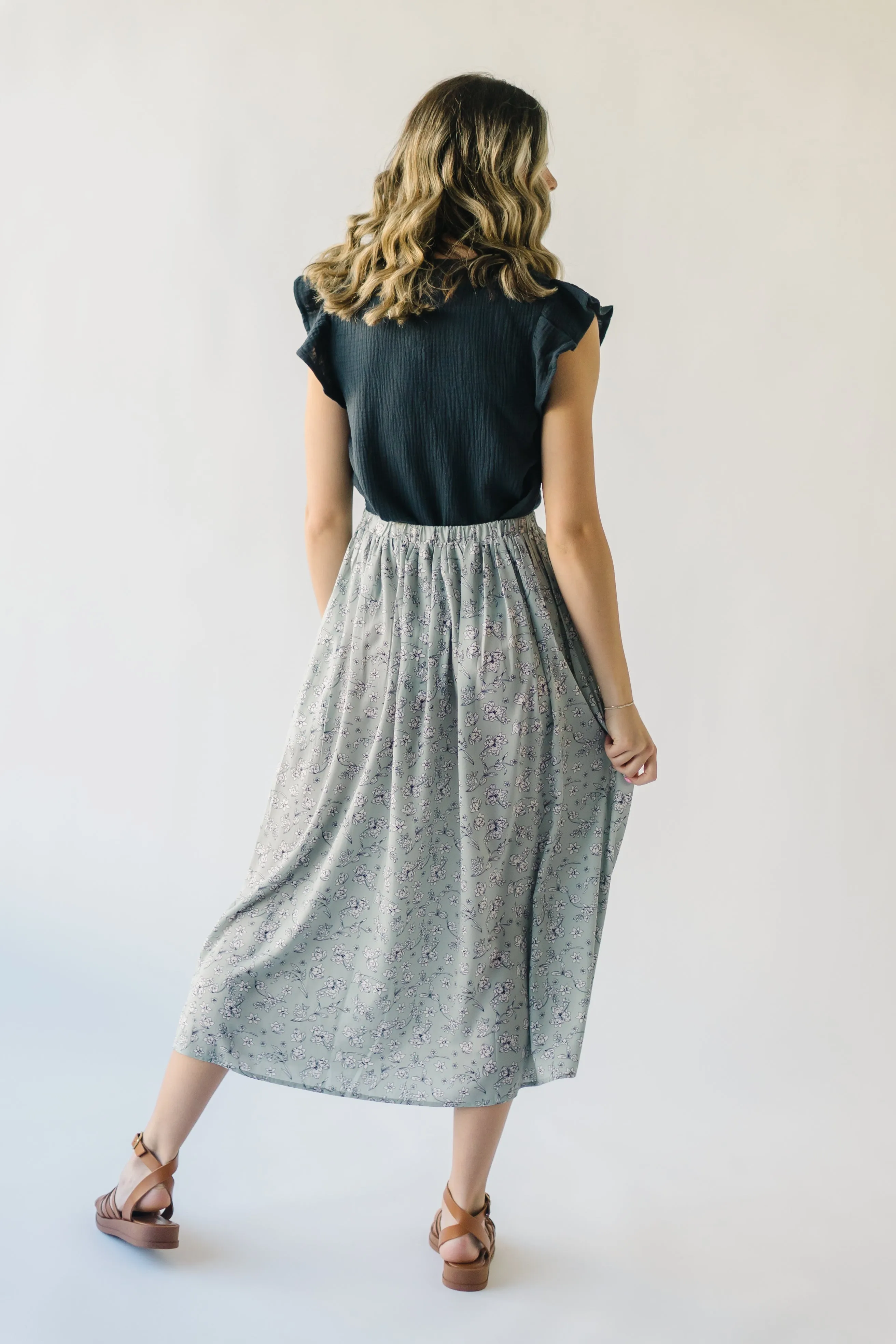 The Claudette Smocked Detail Midi Skirt in Sage