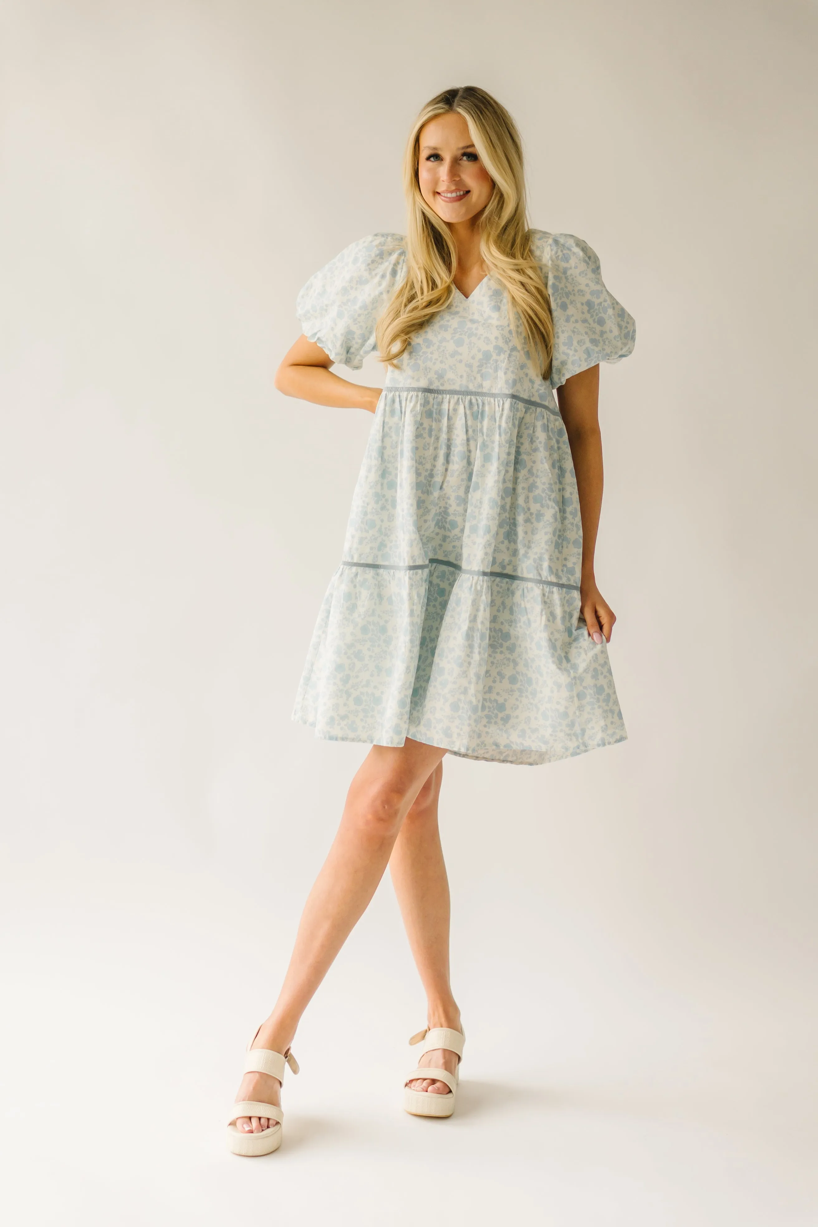 The Tania Floral Babydoll Dress in Dusty Blue