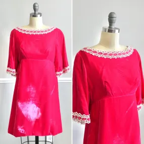 Vintage late 1960s Hot Pink Velvet Mini Dress / retro babydoll empire waist party holiday scooter dress size XS S